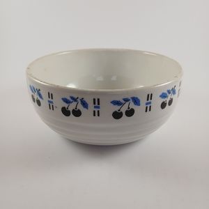Czechoslovakia Art Deco Ceramic Bowl White With Blue Cherries 5 7/8"‎ Wide
